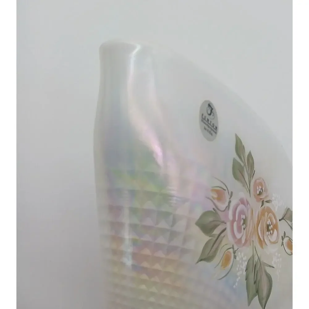 Fenton Iridescent White Opalescent Romance Hand Painted Floral Fan Vase Signed